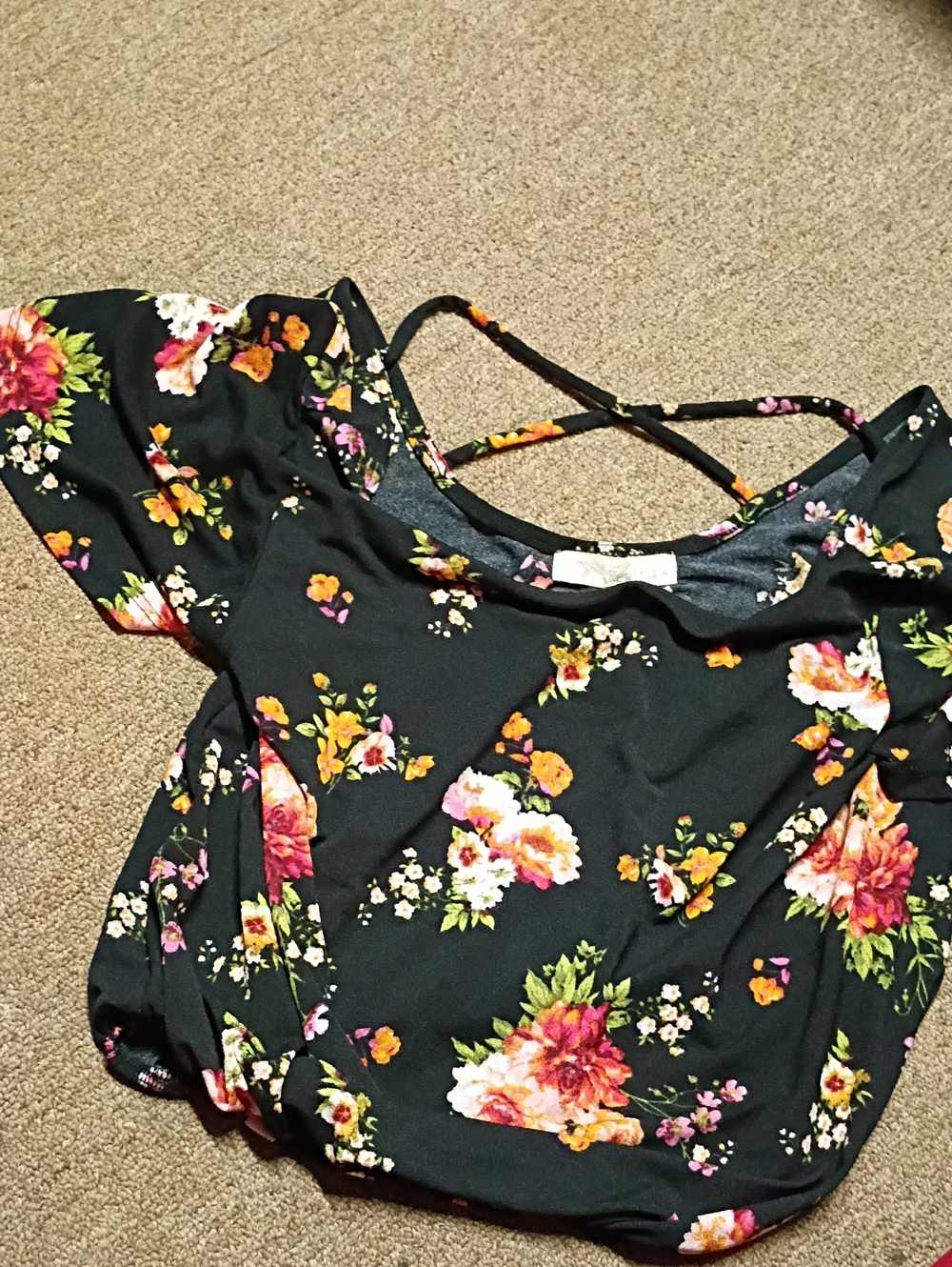Rewind Black Floral Cold-Shoulder Top with Pink & Orange Blooms